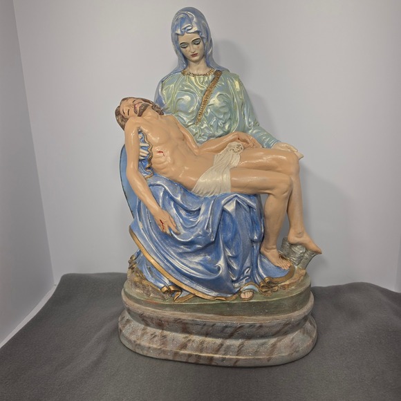 Other - Vintage Pieta Statue Mary Jesus Religious Sculpture Blue Gold Chalkware 16in